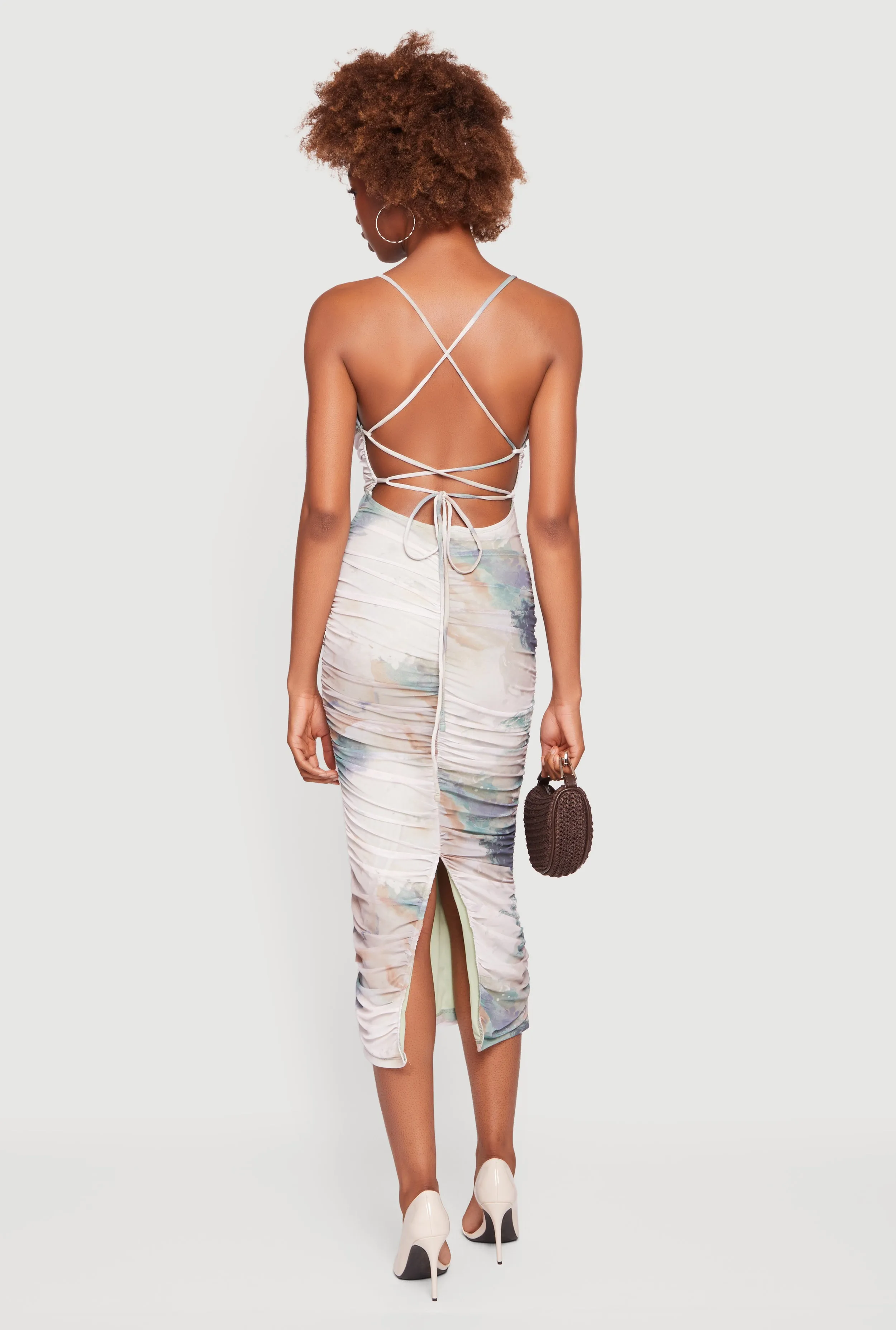 Criss Cross Open Back Mesh Ruched Bodycon Dress sold by Rainbow product image thumbnail 3