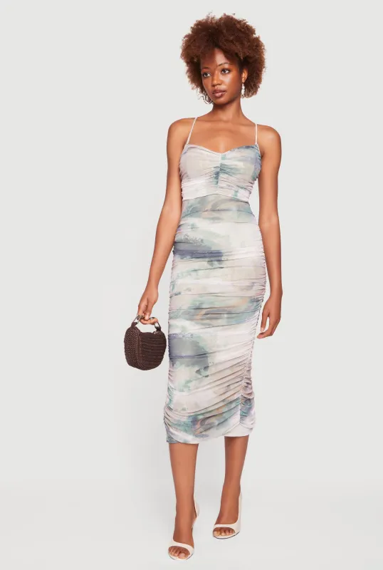 Criss Cross Open Back Mesh Ruched Bodycon Dress made by iris