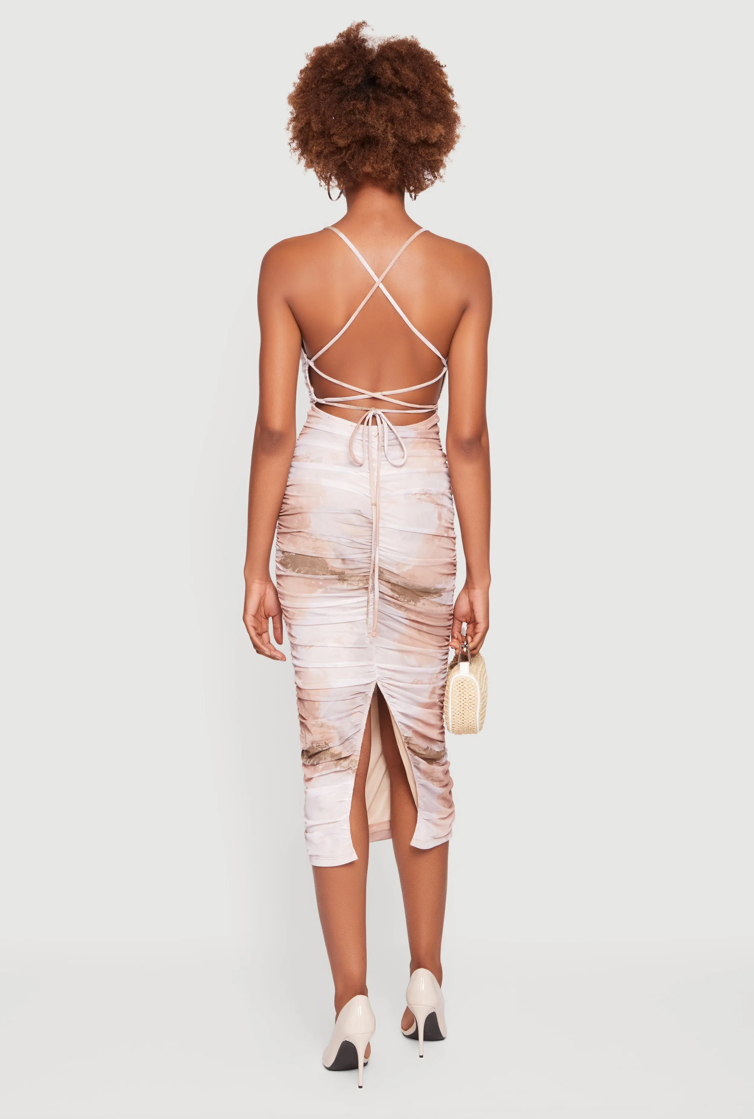 Criss Cross Open Back Mesh Ruched Bodycon Dress sold by Rainbow product image thumbnail 3
