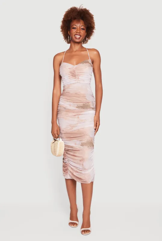 Criss Cross Open Back Mesh Ruched Bodycon Dress made by iris