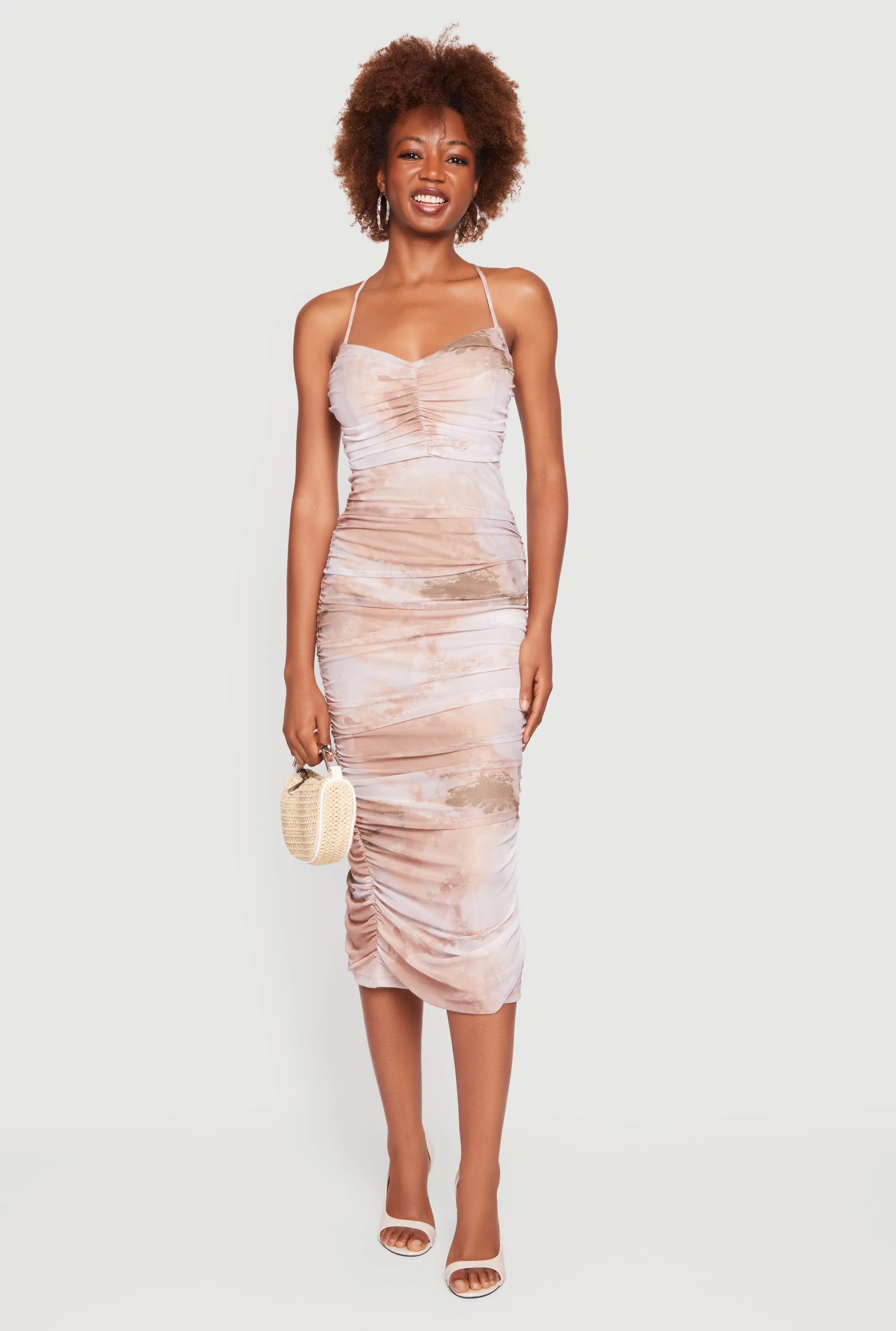 Criss Cross Open Back Mesh Ruched Bodycon Dress sold by Rainbow