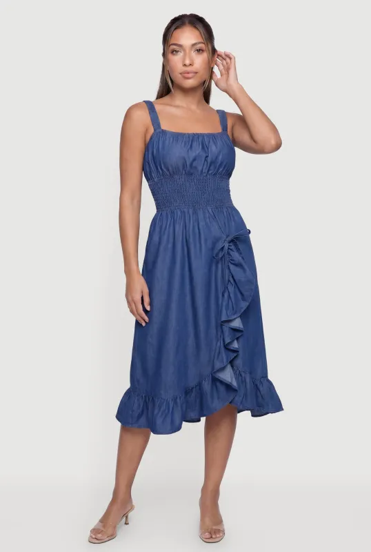Chambray Square Neck Smock Waist Ruffle Trim Dress made by Rainbow
