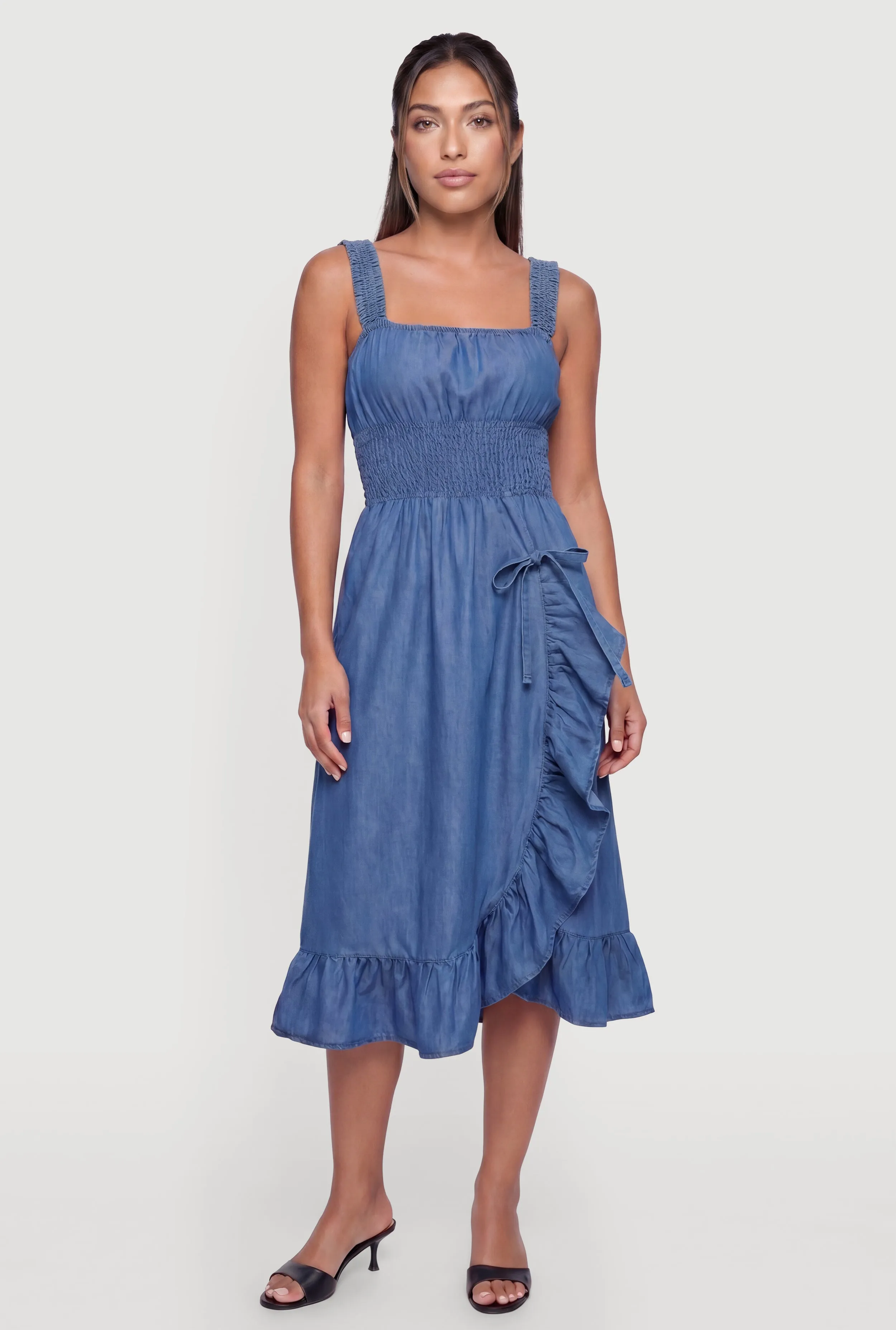 Chambray Square Neck Smock Waist Ruffle Trim Dress sold by Rainbow product image thumbnail 2