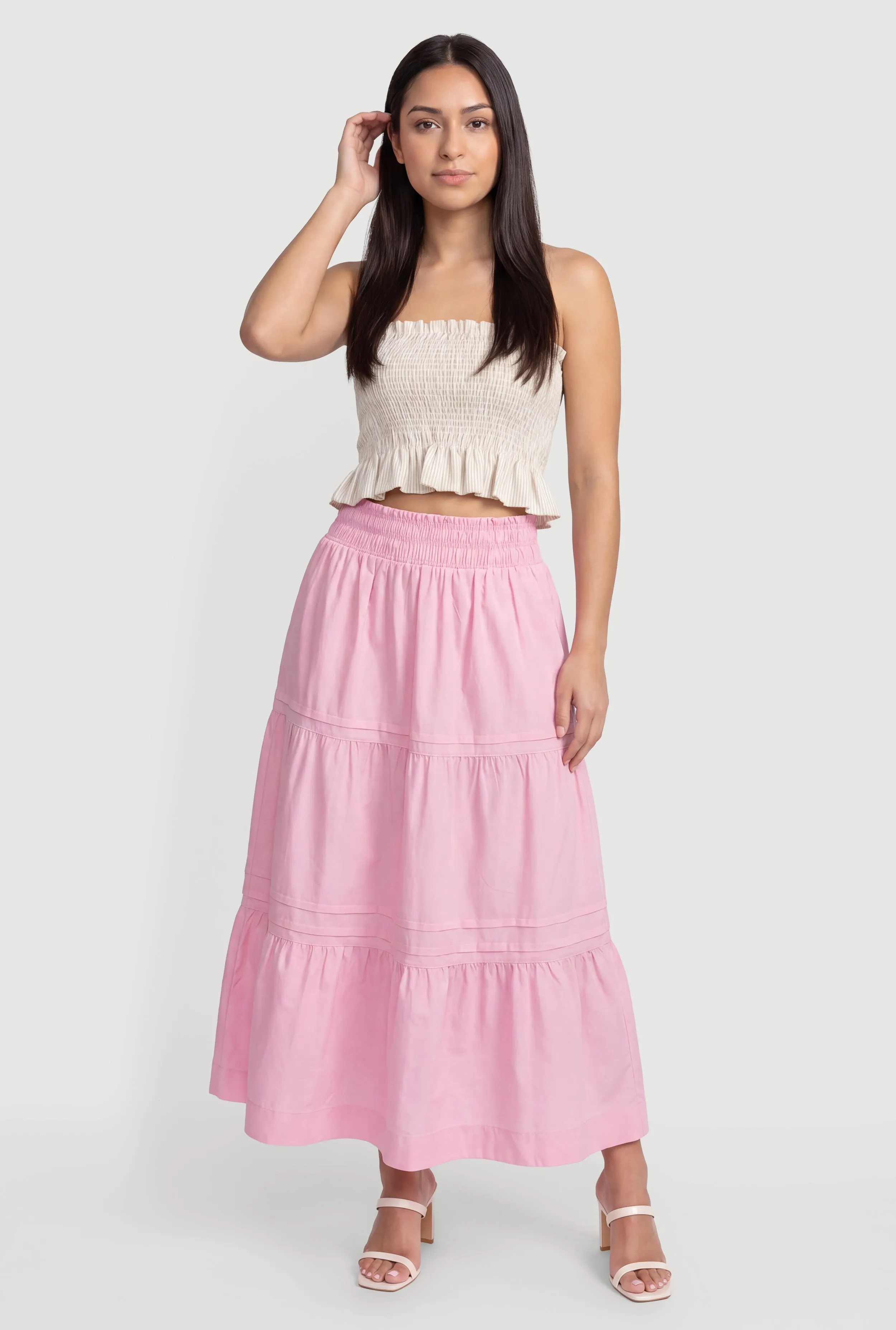 Poplin Ruffle Tiered Maxi Skirt sold by Rainbow