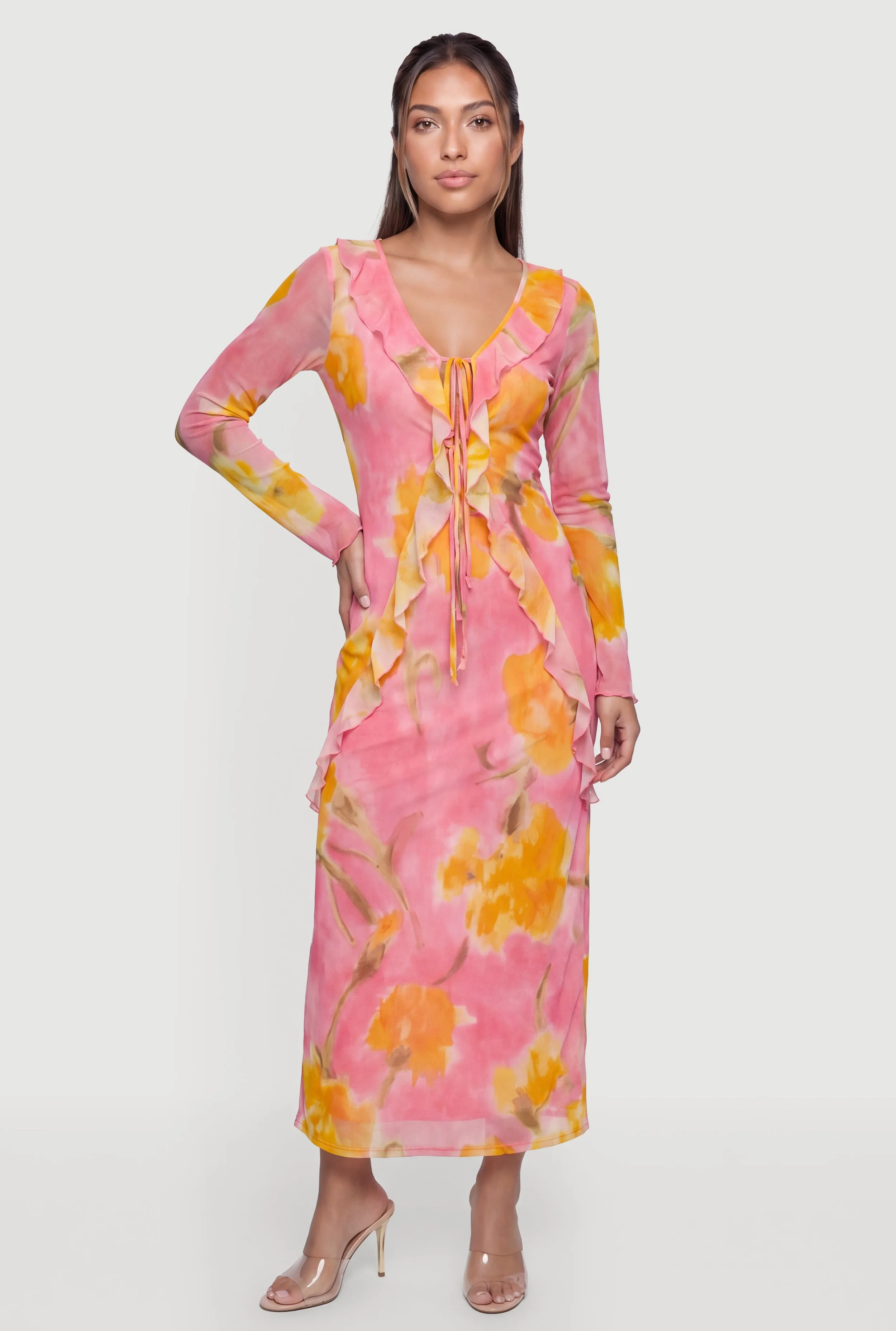 Floral Mesh Tie Front Maxi Dress sold by Rainbow product image thumbnail 2