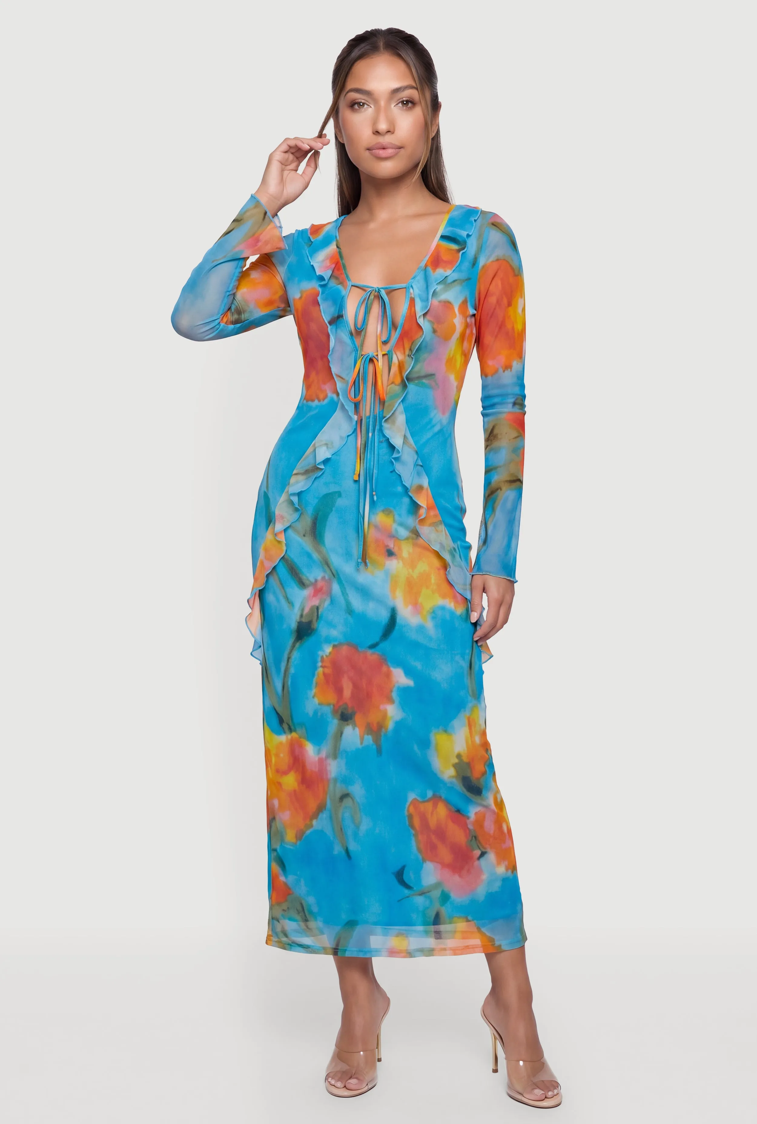 Floral Mesh Tie Front Maxi Dress sold by Rainbow