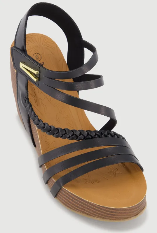 Metallic Detail Braided Velcro Ankle Strap Wedge Sandals made by Rainbow