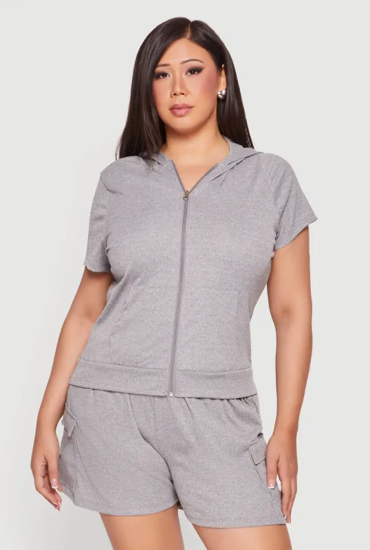 Plus Size Zip Front Short Sleeve Hoodie made by Rainbow