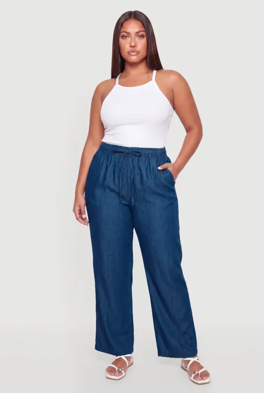Plus Size Chambray Wide Leg Drawstring Waist Pants made by Rainbow