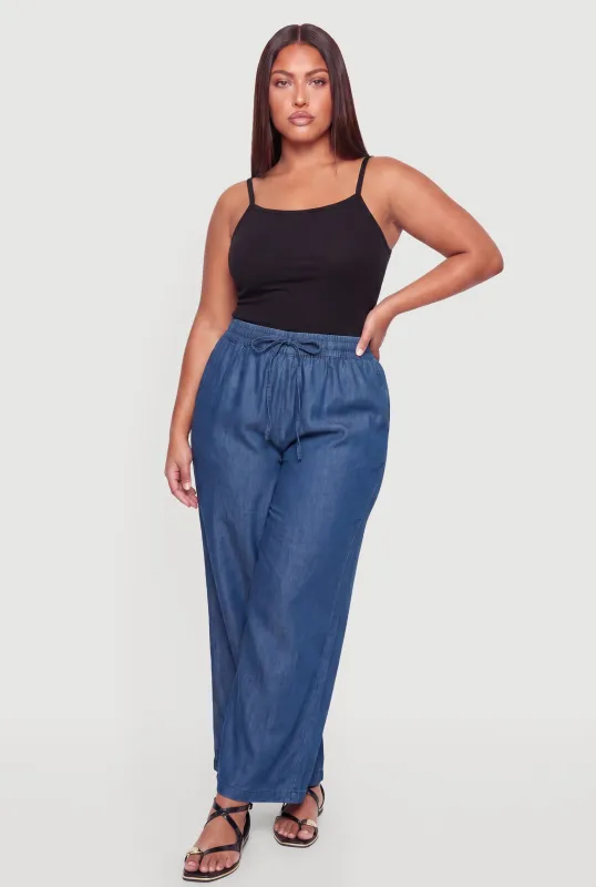 Plus Size Chambray Drawstring Waist Wide Leg Pants made by Rainbow