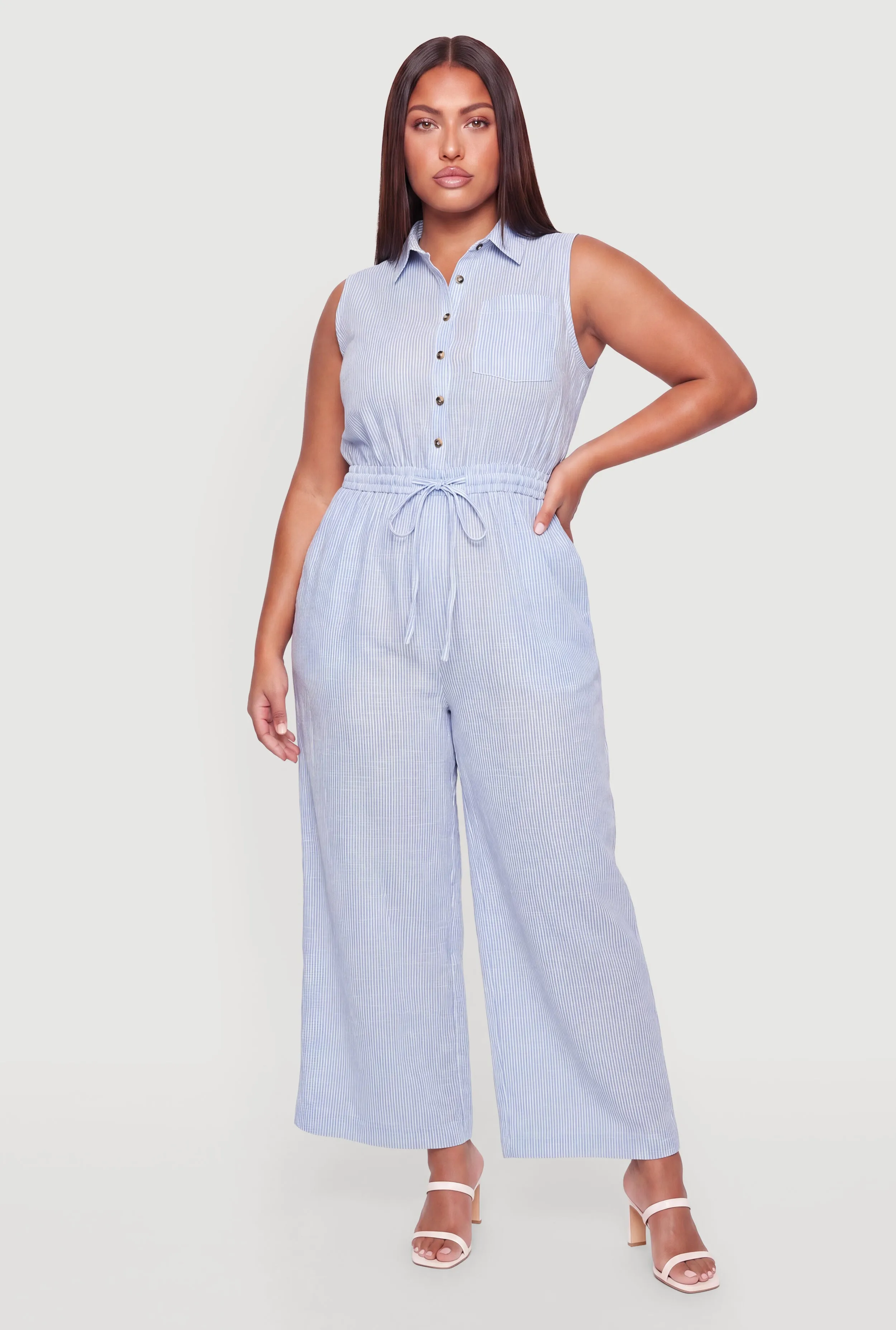 Plus Size Striped Drawstring Waist Sleeveless Jumpsuit sold by Rainbow product image thumbnail 2