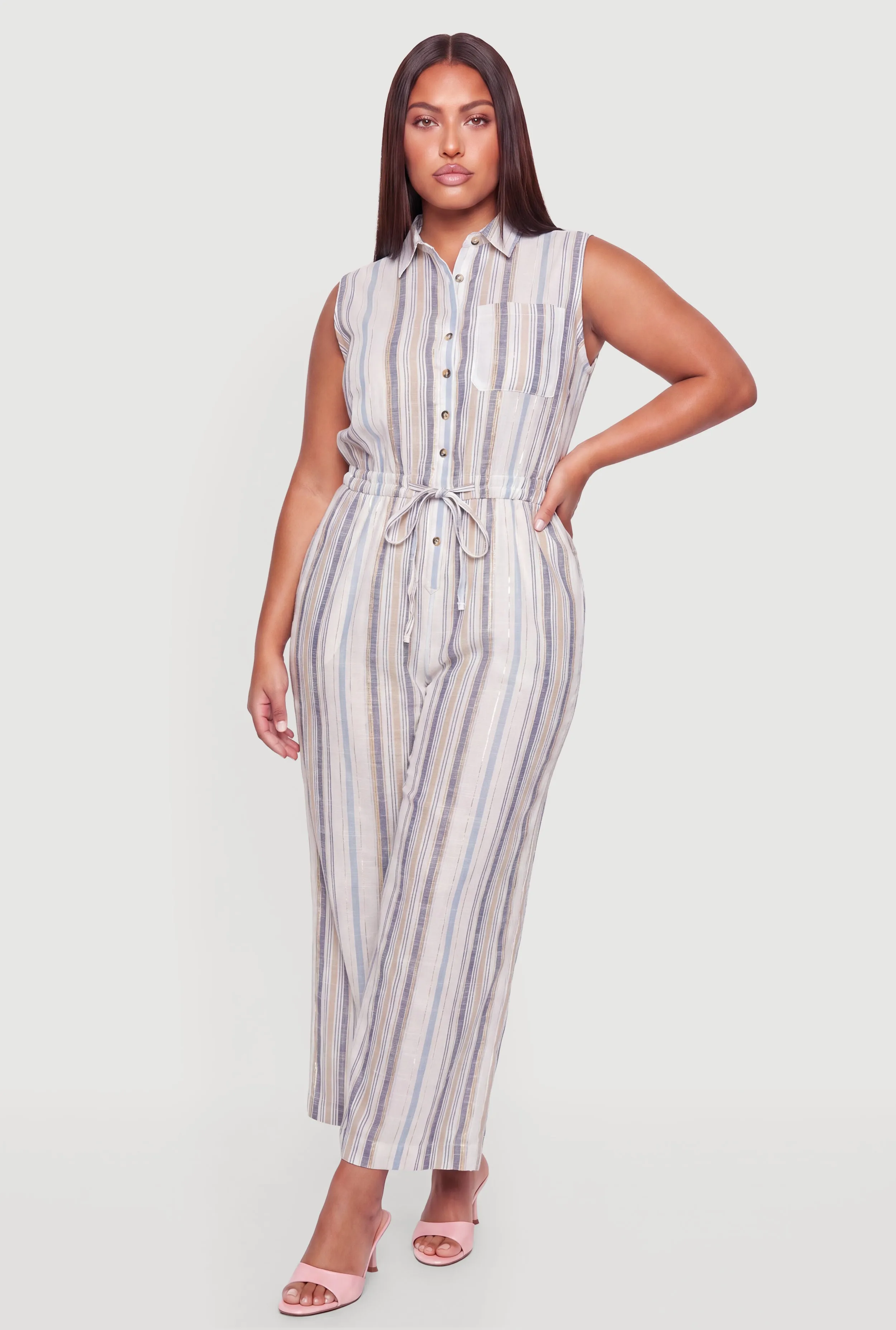 Plus Size Striped Drawstring Waist Sleeveless Jumpsuit sold by Rainbow