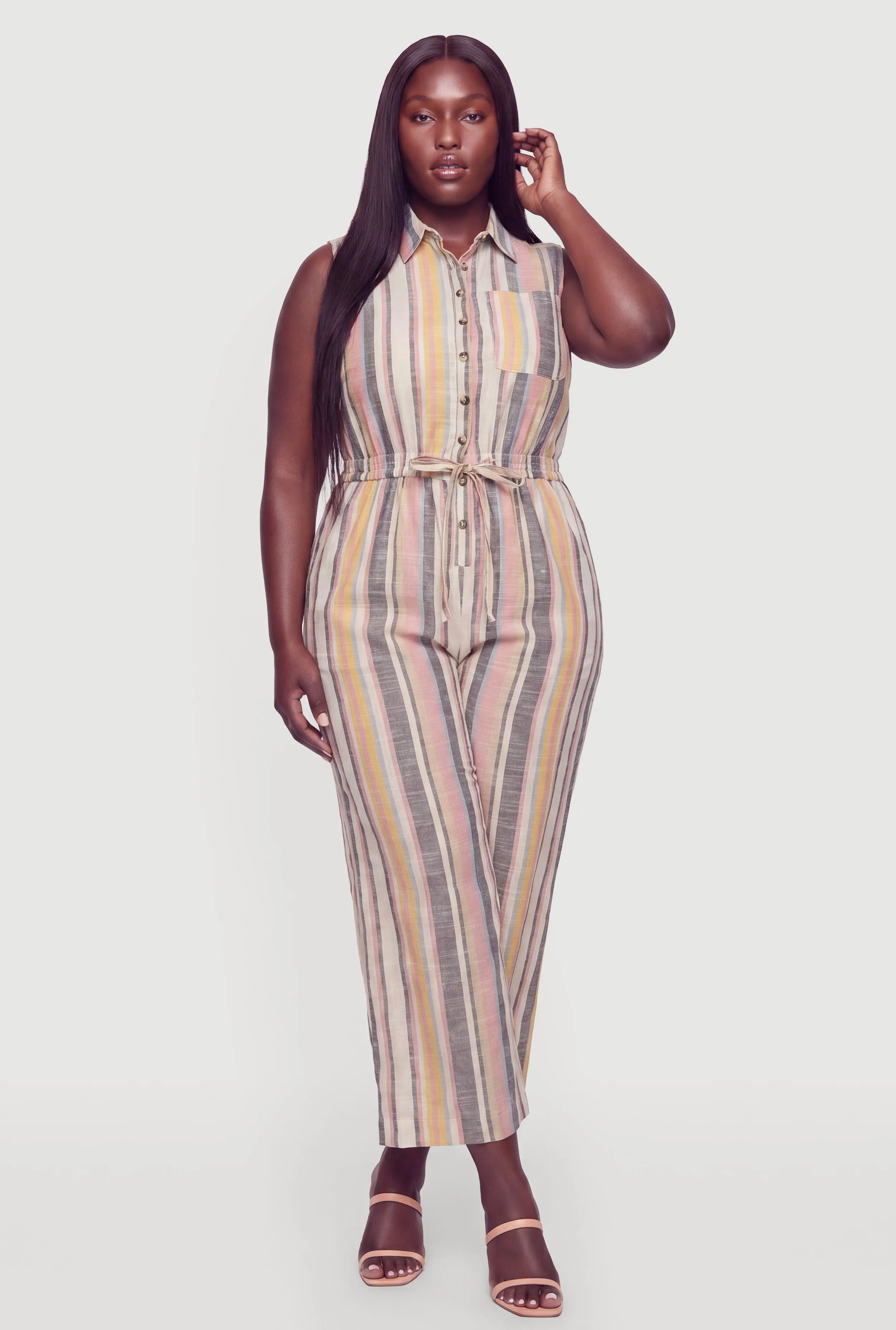 Plus Size Striped Drawstring Waist Sleeveless Jumpsuit sold by Rainbow product image thumbnail 3