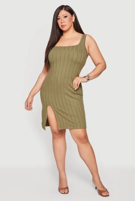 Plus Size Ribbed Knit Tank Mini Dress with Thigh Slit made by Rainbow