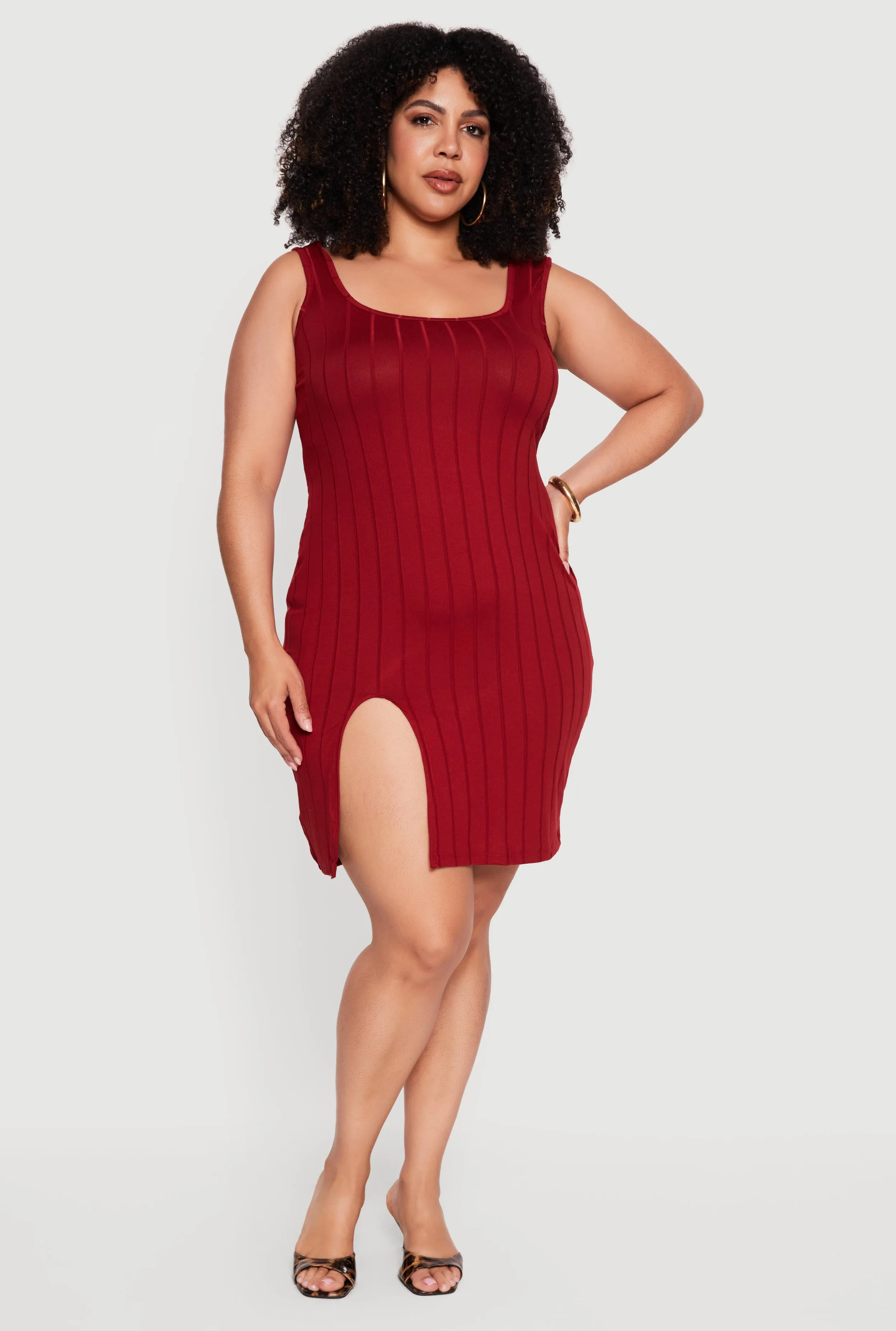 Plus Size Ribbed Knit Tank Mini Dress with Thigh Slit sold by Rainbow product image thumbnail 4