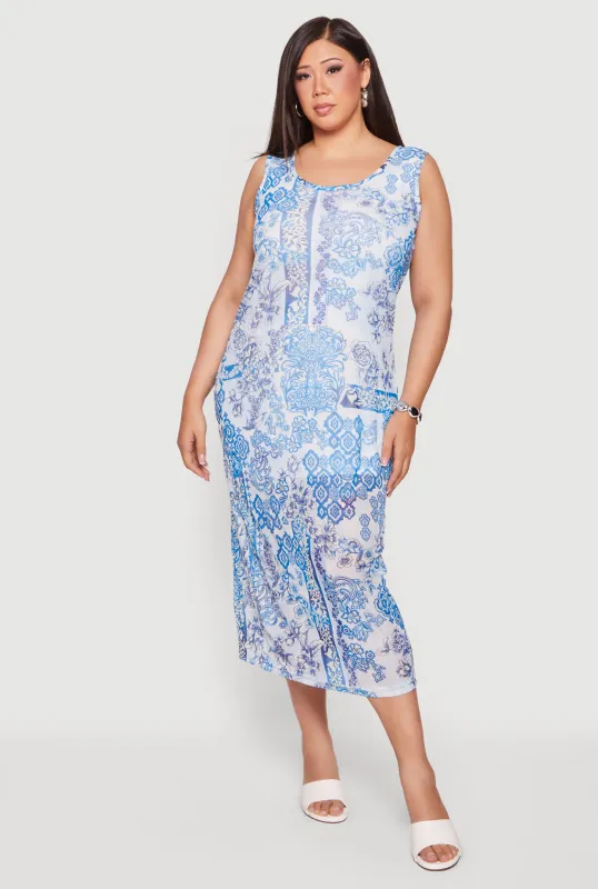 Plus Size Baroque Floral Print Sleeveless Maxi Dress made by Rainbow