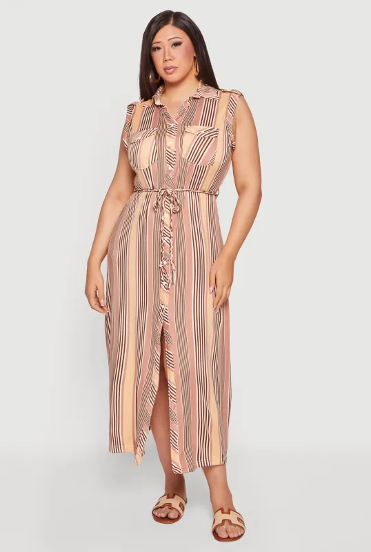 Plus Size Sleeveless Striped Button Front Tie Waist Belted Dress made by Rainbow