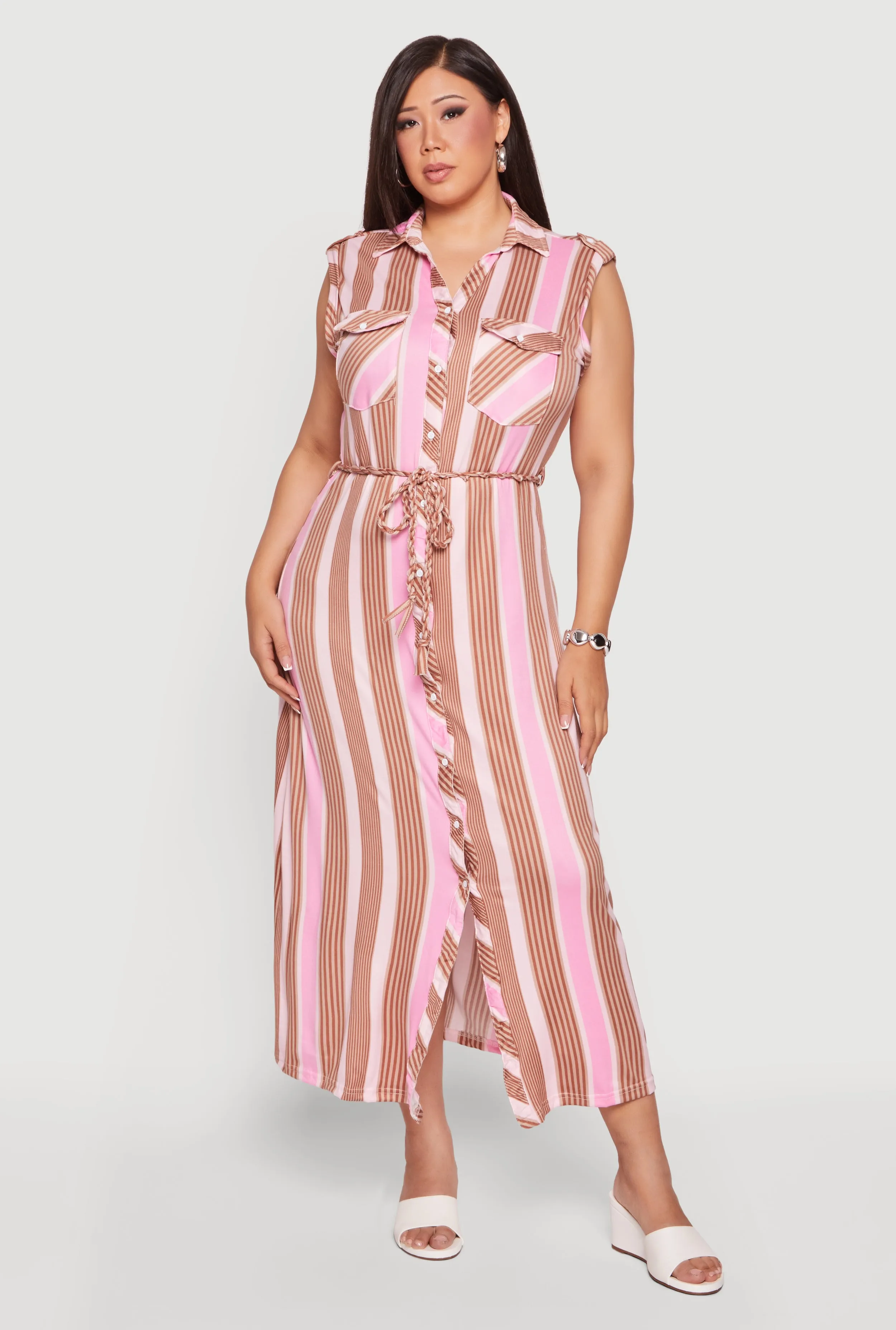 Plus Size Sleeveless Striped Button Front Tie Waist Belted Dress sold by Rainbow product image thumbnail 2