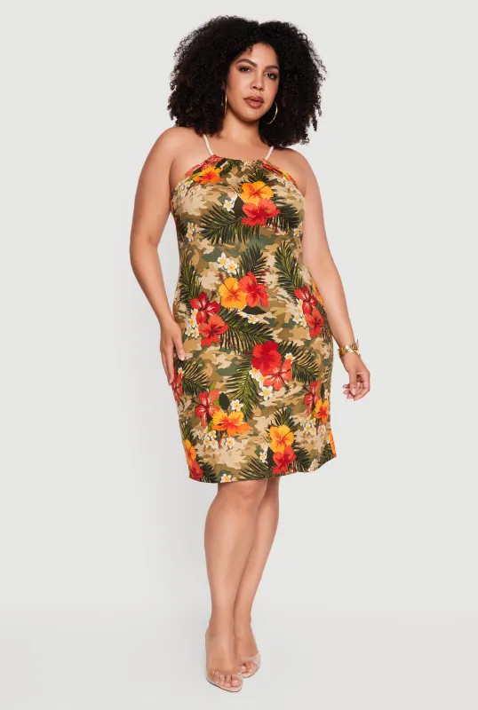 Plus Size Twisted Strap Floral Camo Halter Midi Dress made by Rainbow