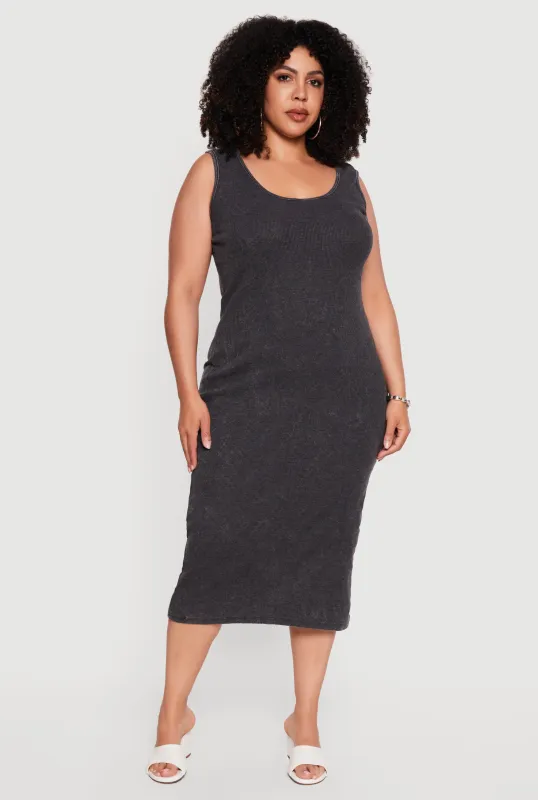Plus Size Acid Wash Ribbed Knit Tank Midi Dress made by Rainbow