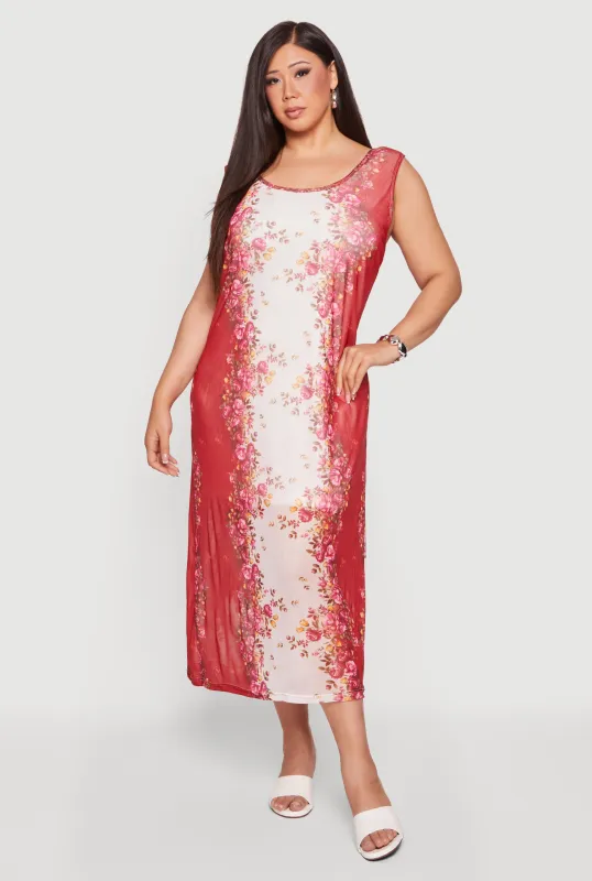 Plus Size Color Blocked Floral Print Sleeveless Maxi Dress made by Rainbow