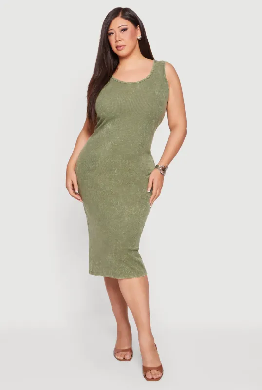 Plus Size Acid Wash Ribbed Knit Tank Midi Dress made by Rainbow
