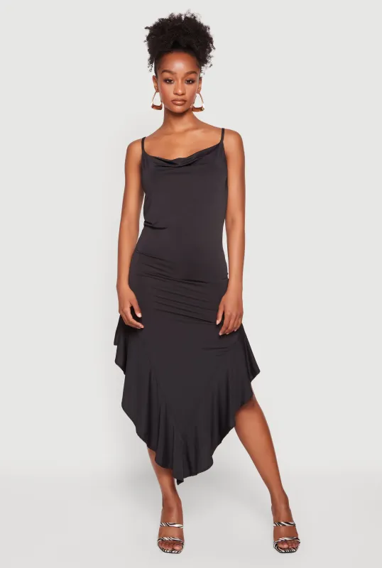 Cowl Neck Asymmetrical Ruffle Hem Maxi Dress made by Rainbow