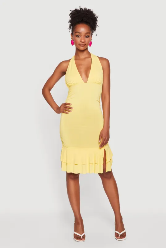 Slit Front Ruffle Tiered Trim Halter Dress made by Rainbow