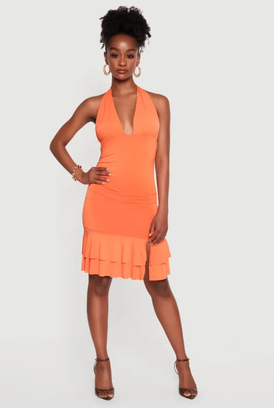 Slit Front Ruffle Tiered Trim Halter Dress made by Rainbow
