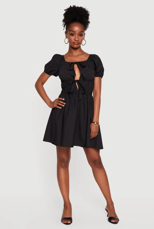 Cutout Tie Front Puff Sleeve Mini Dress made by Rainbow