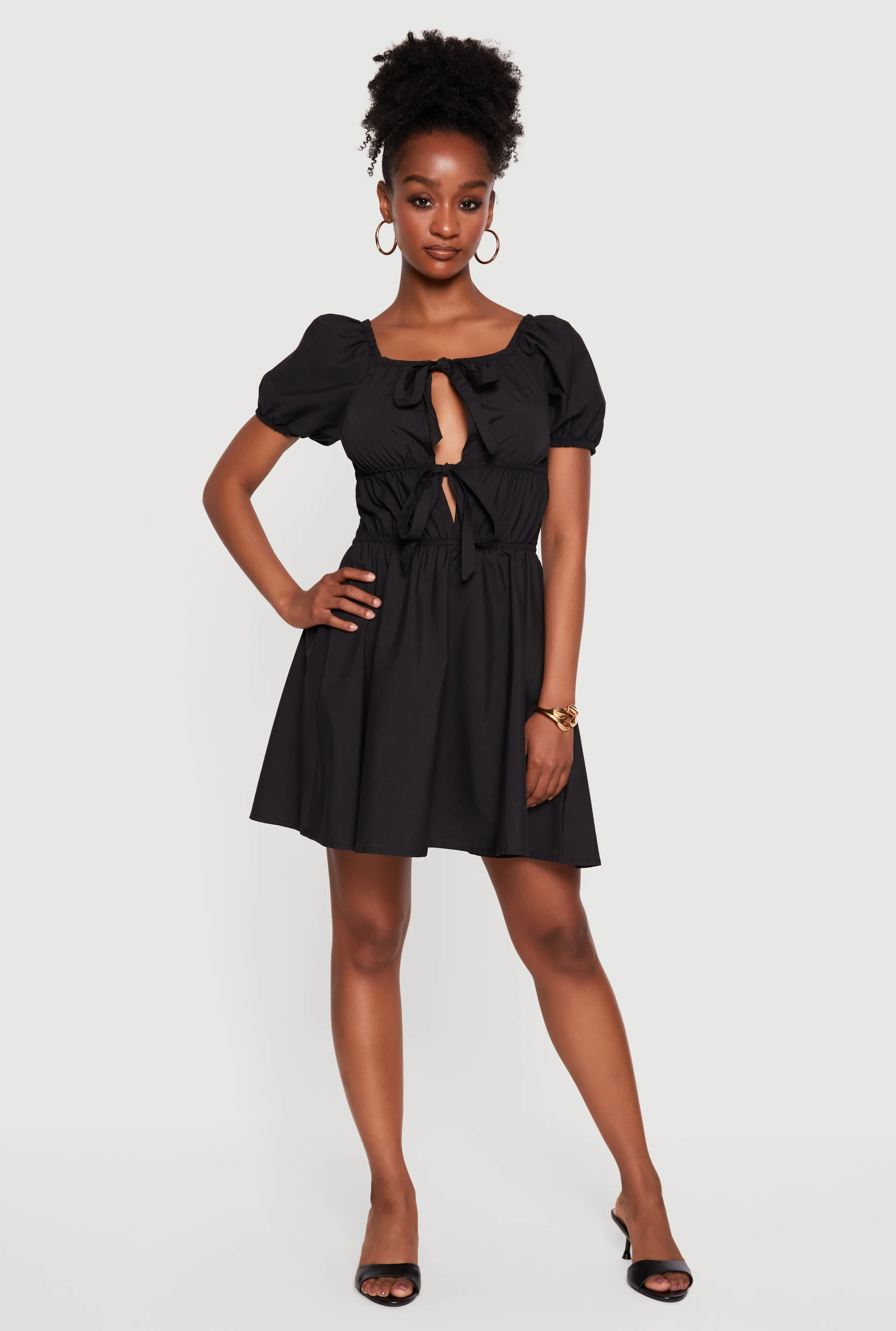 Cutout Tie Front Puff Sleeve Mini Dress sold by Rainbow