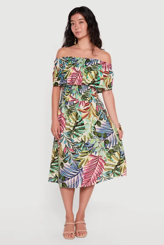 Tropical Palm Leaf Off The Shoulder Midi Dress made by Rainbow