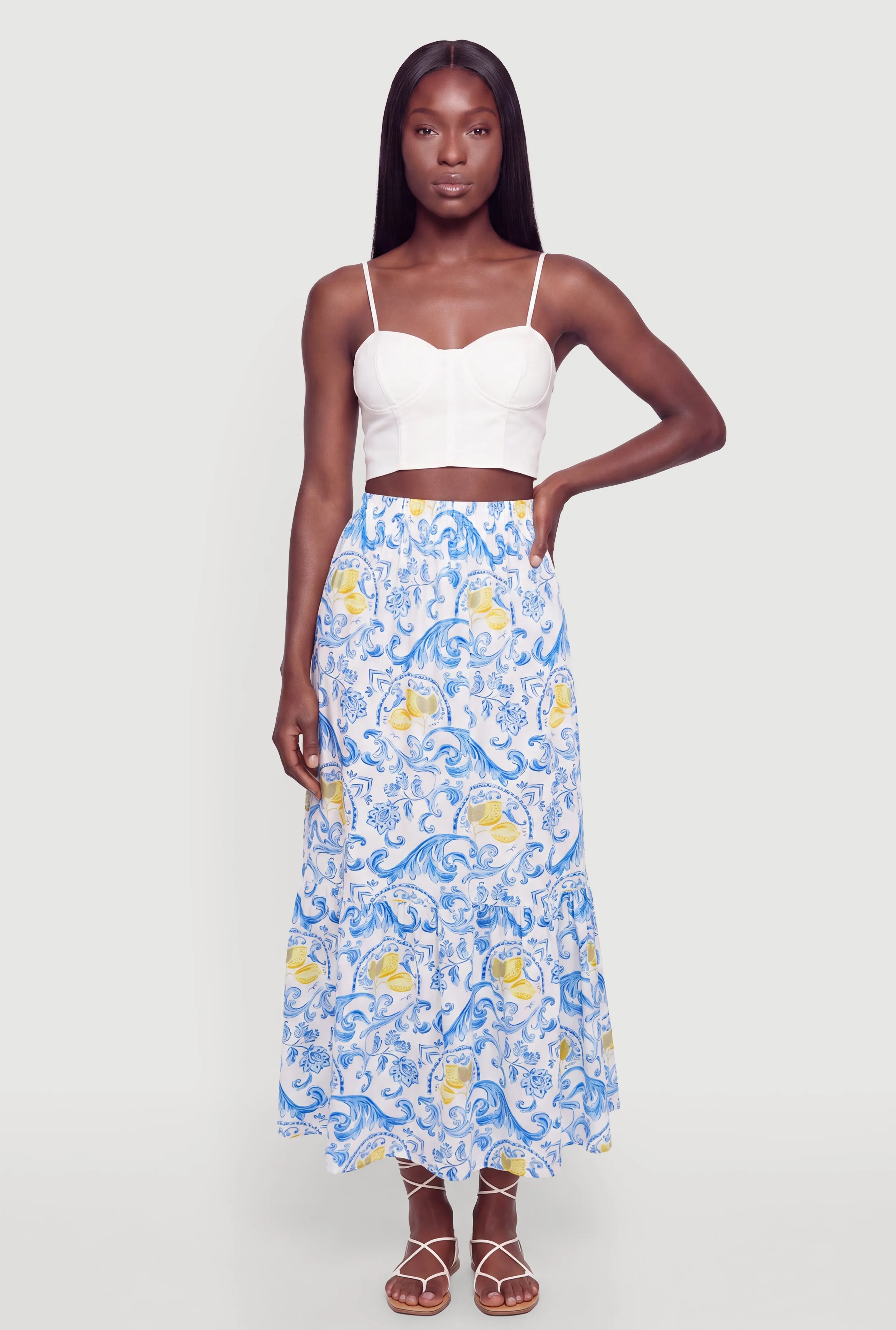 Lemon Print Side Slit Tiered Ruffle Hem Skirt sold by Rainbow