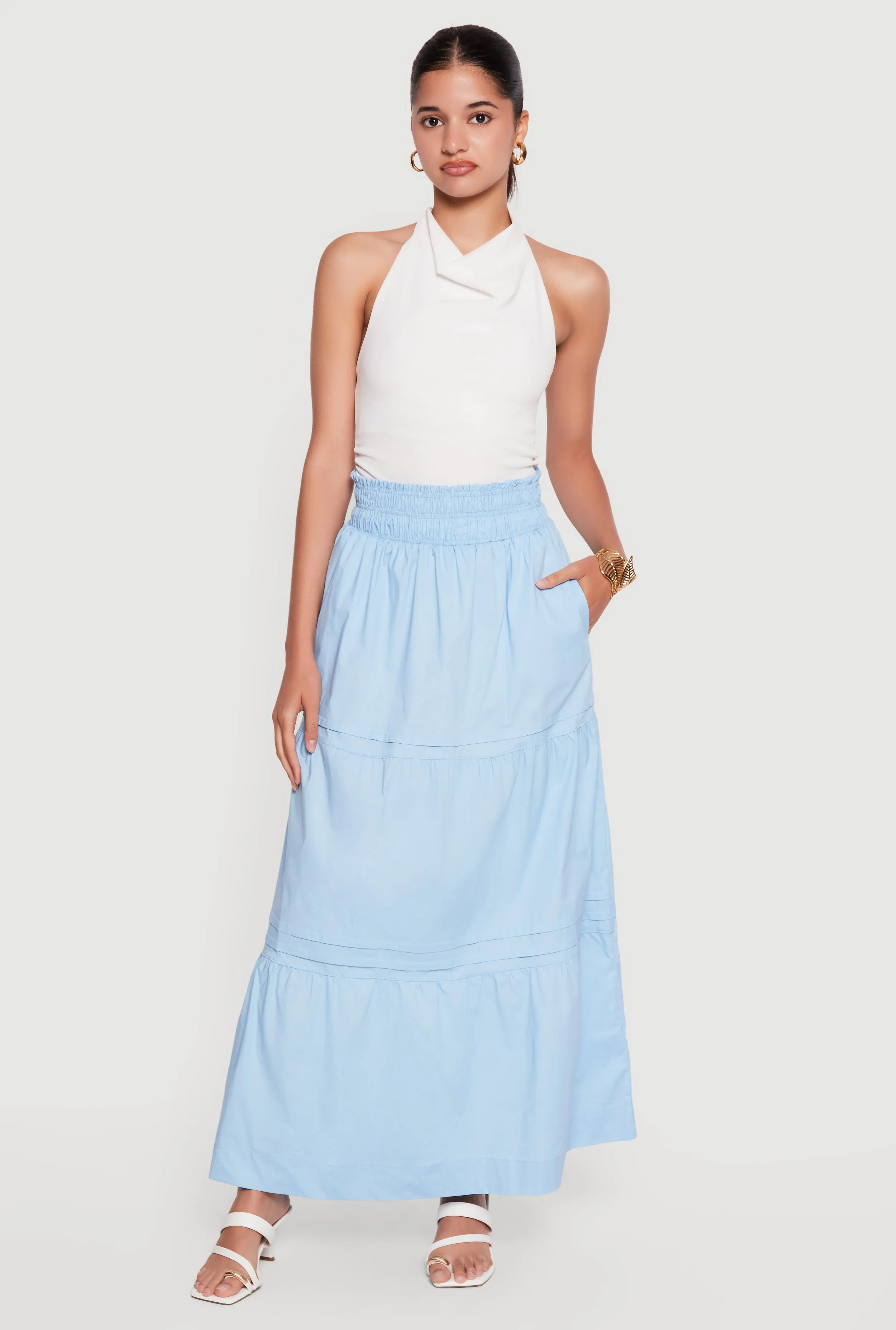 Poplin Ruffle Tiered Maxi Skirt sold by Rainbow