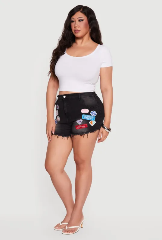 Plus Size Denim Frayed Hem Patch Graphic Shorts made by Daisy