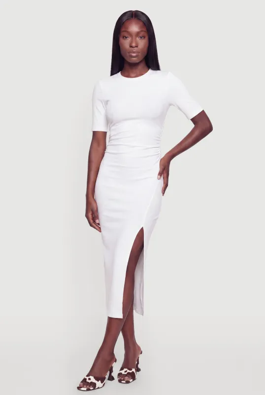 Ribbed Knit Crew Neck Short Sleeve Dress with Side Slit made by Rainbow