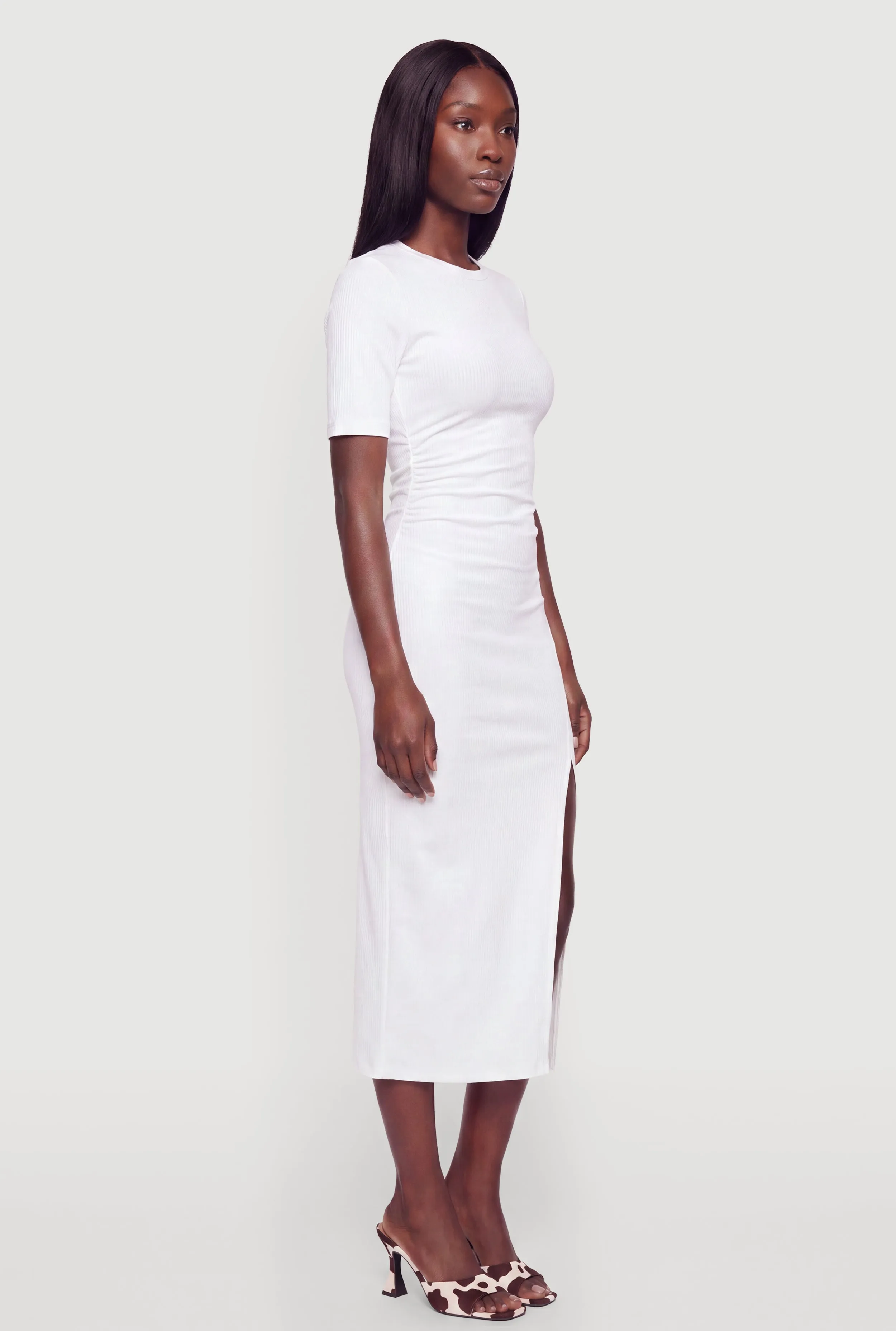 Ribbed Knit Crew Neck Short Sleeve Dress with Side Slit sold by Rainbow product image thumbnail 2