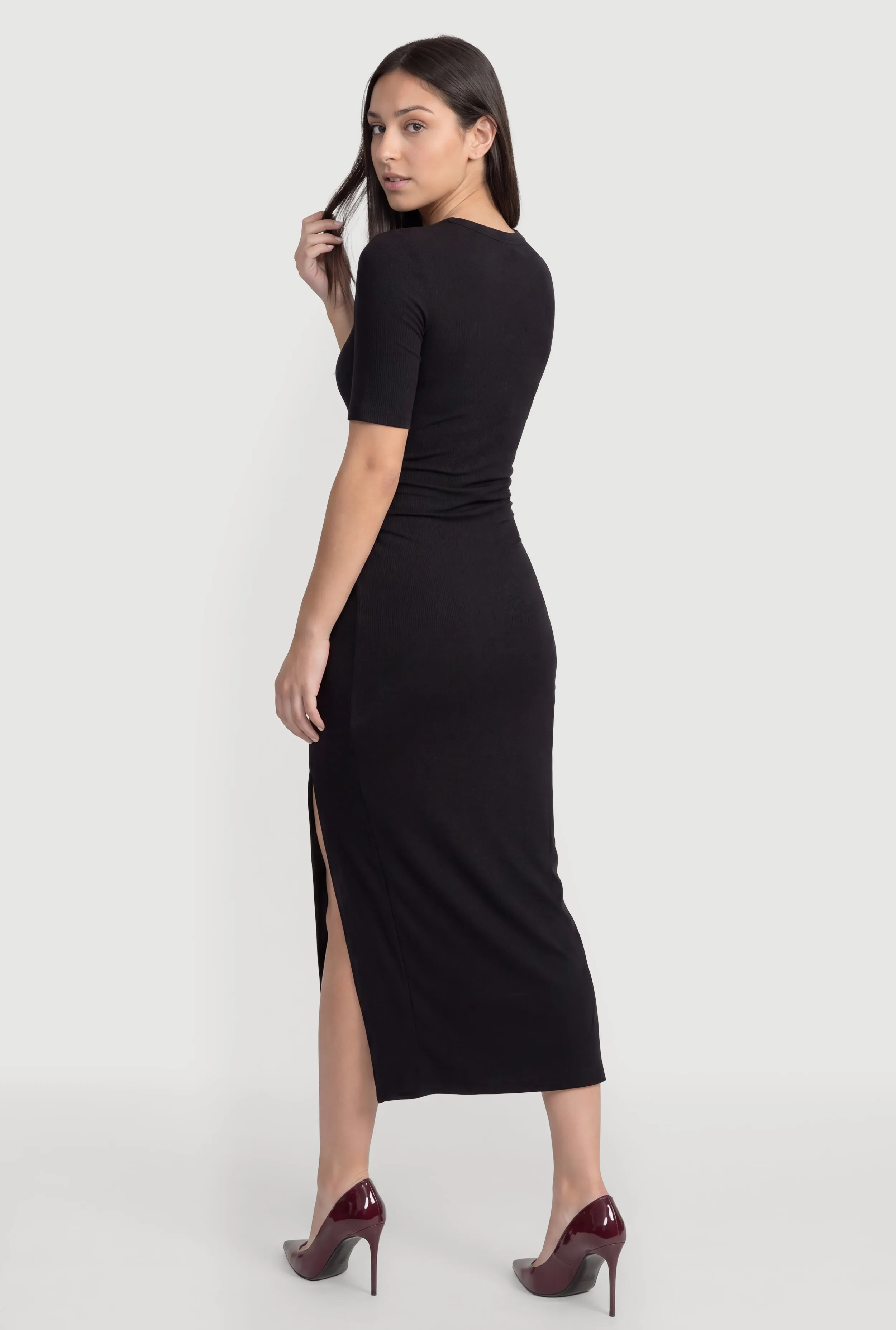 Ribbed Knit Crew Neck Short Sleeve Dress with Side Slit sold by Rainbow product image thumbnail 3