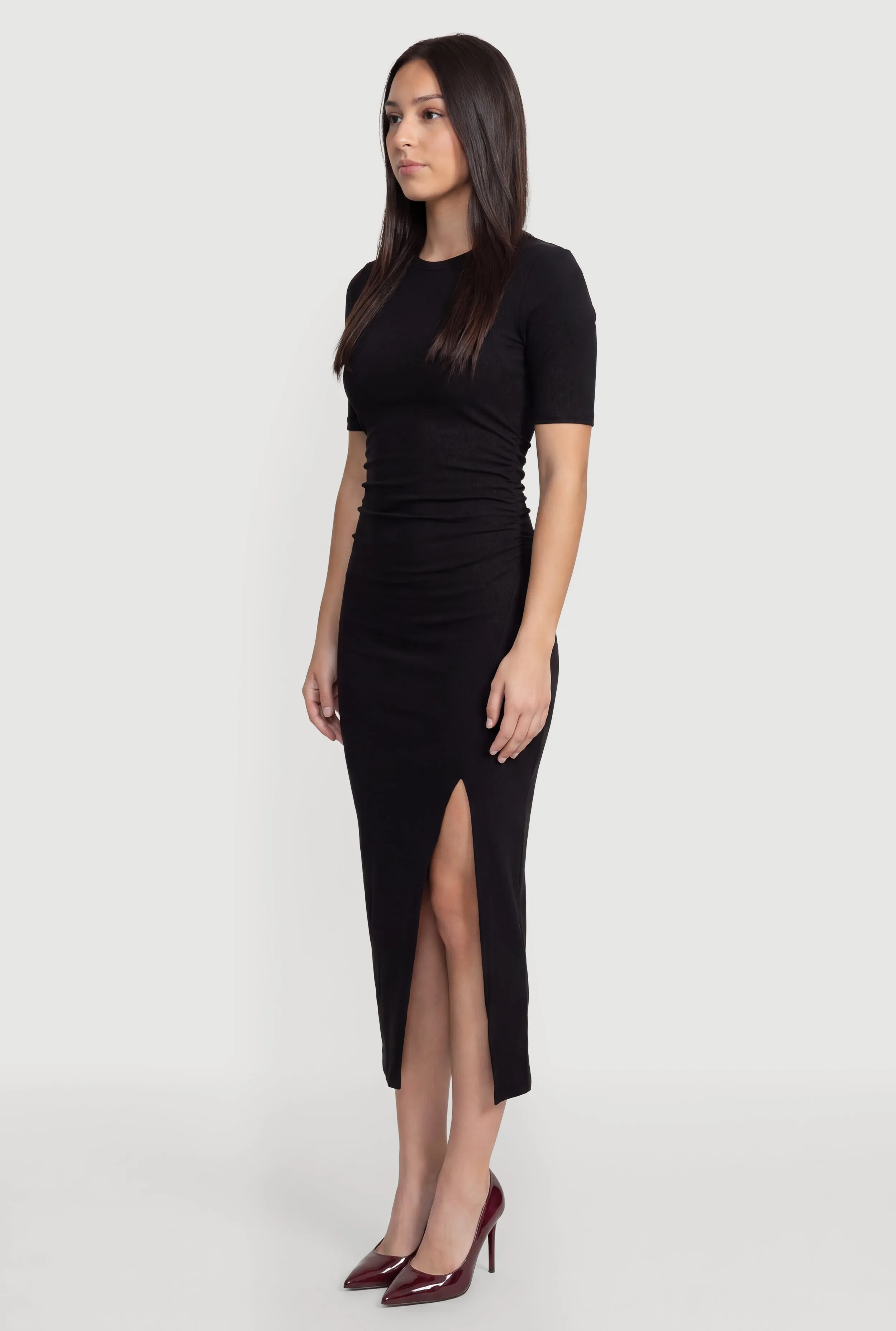 Ribbed Knit Crew Neck Short Sleeve Dress with Side Slit sold by Rainbow product image thumbnail 2