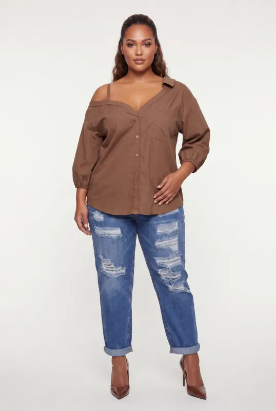 Plus Size Cold Shoulder Detail Button Front Shirt made by Rainbow