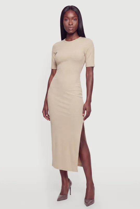 Ribbed Knit Crew Neck Short Sleeve Dress with Side Slit made by Rainbow