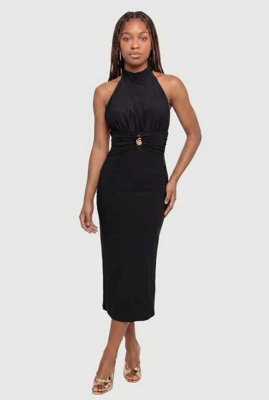 Metallic Seashell Detail Sleeveless Halter Neck Midi Dress made by Rainbow