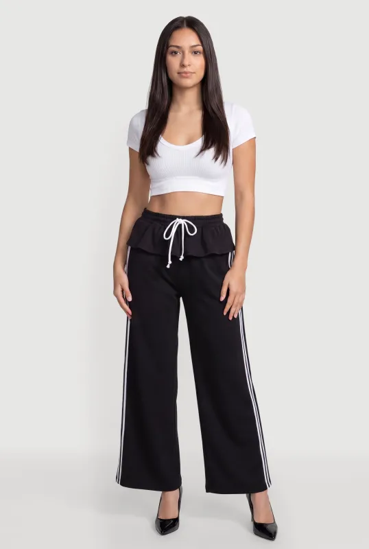 Peplum Detail Varsity Stripe Wide Leg Pants made by Rainbow
