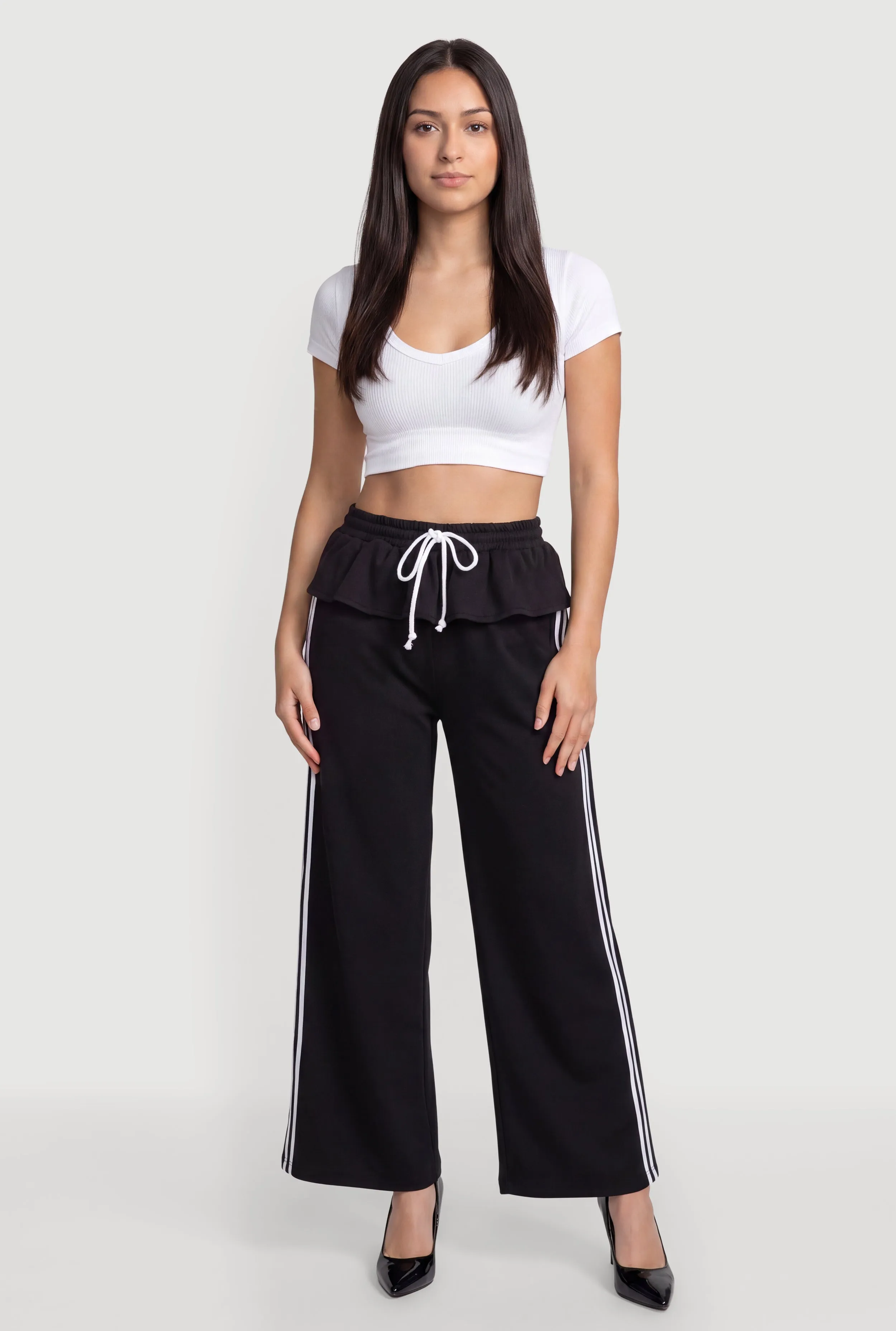 Peplum Detail Varsity Stripe Wide Leg Pants sold by Rainbow