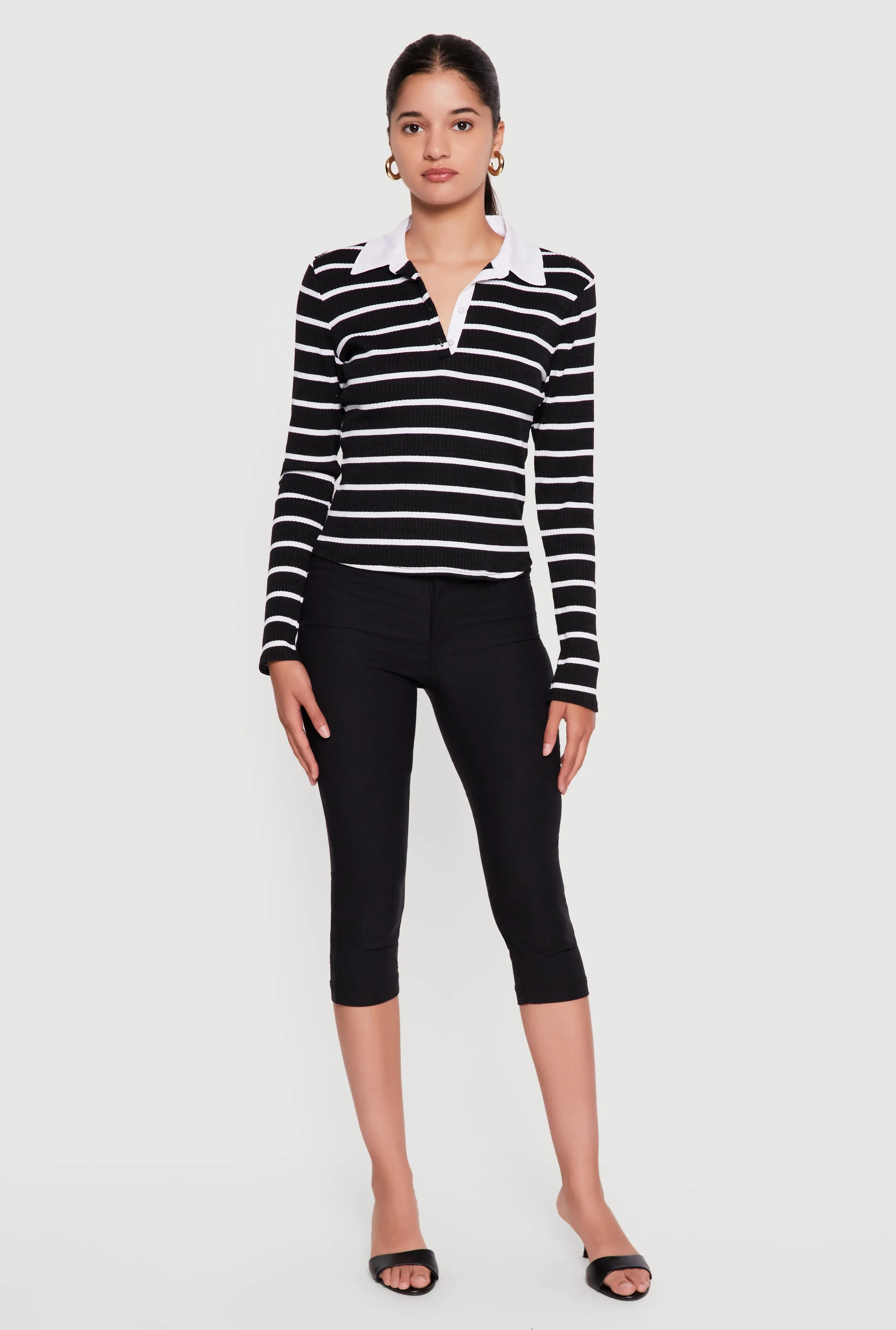 Almost Famous Ribbed Knit Striped Long Sleeve Polo Shirt sold by Rainbow product image thumbnail 3