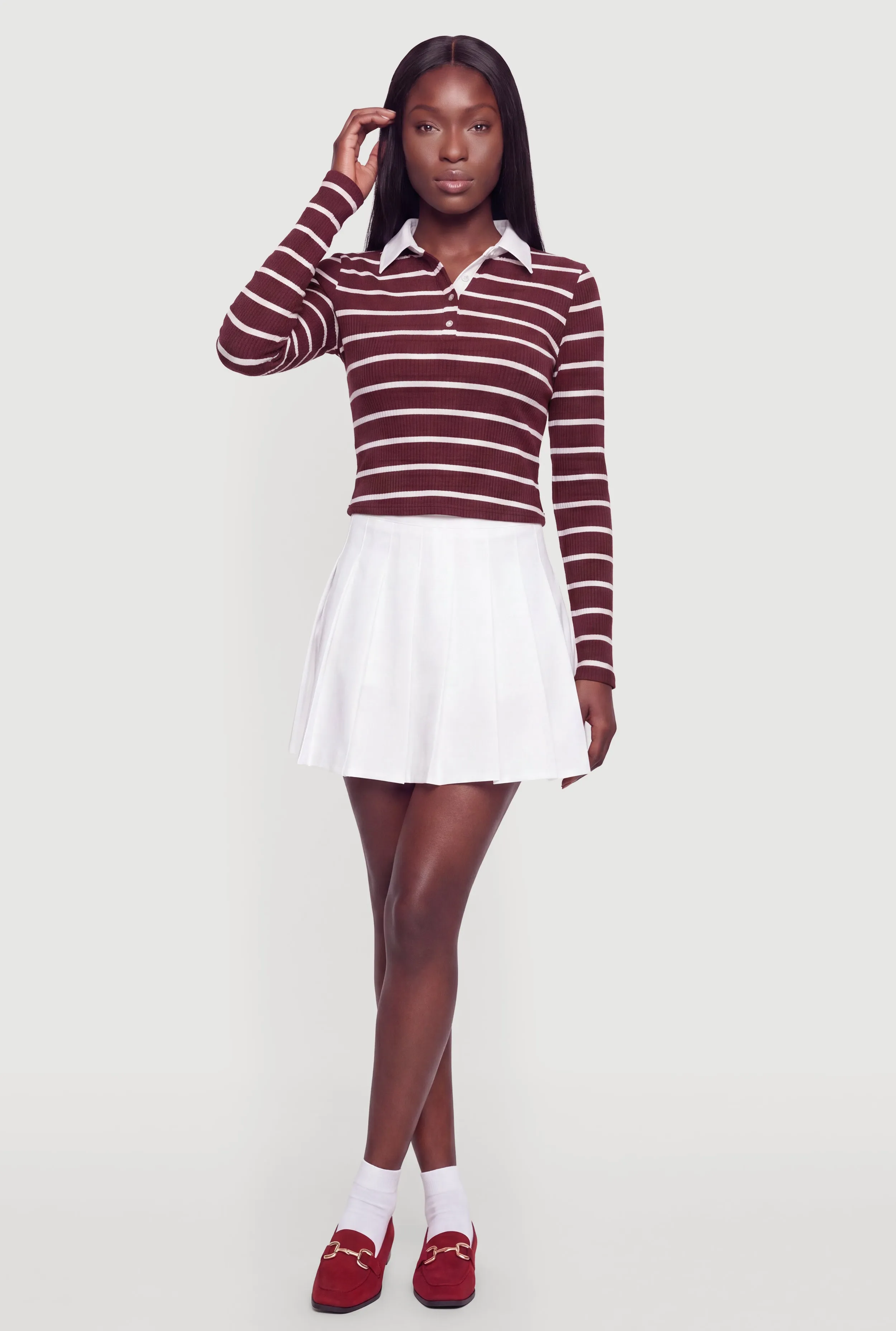 Almost Famous Ribbed Knit Striped Long Sleeve Polo Shirt sold by Rainbow product image thumbnail 5