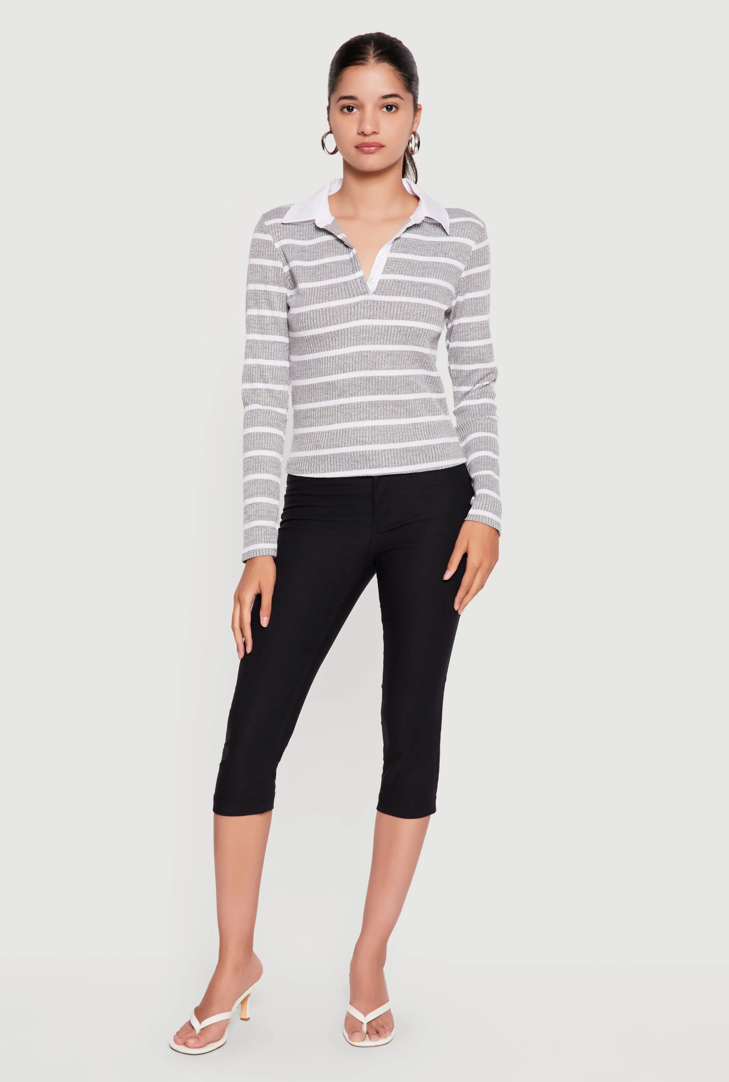 Almost Famous Ribbed Knit Striped Long Sleeve Polo Shirt sold by Rainbow product image thumbnail 4