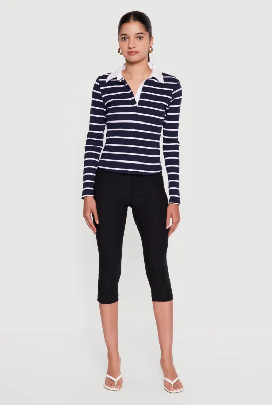 Almost Famous Ribbed Knit Striped Long Sleeve Polo Shirt made by Almost Famous