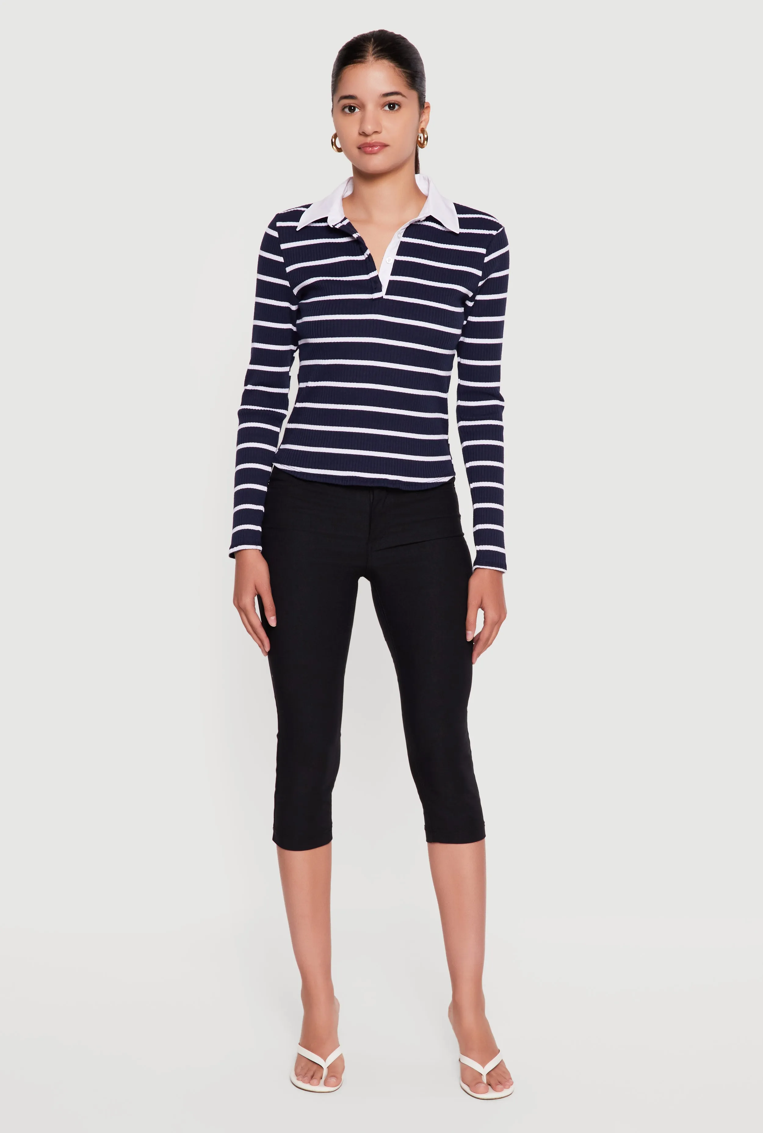 Almost Famous Ribbed Knit Striped Long Sleeve Polo Shirt sold by Rainbow