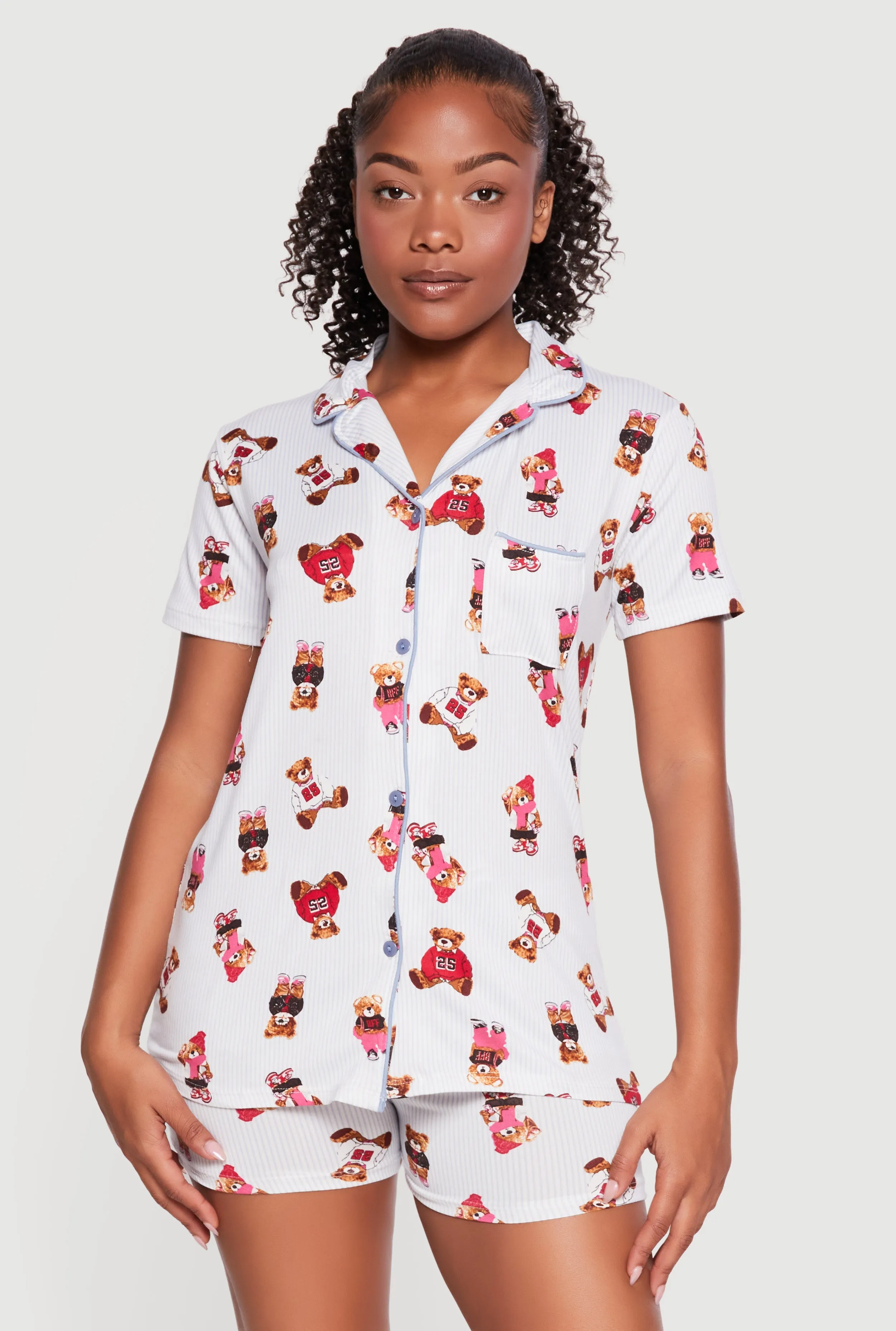 Teddy Bear Striped Print Button Front Pajama Top and Shorts sold by Rainbow product image thumbnail 3